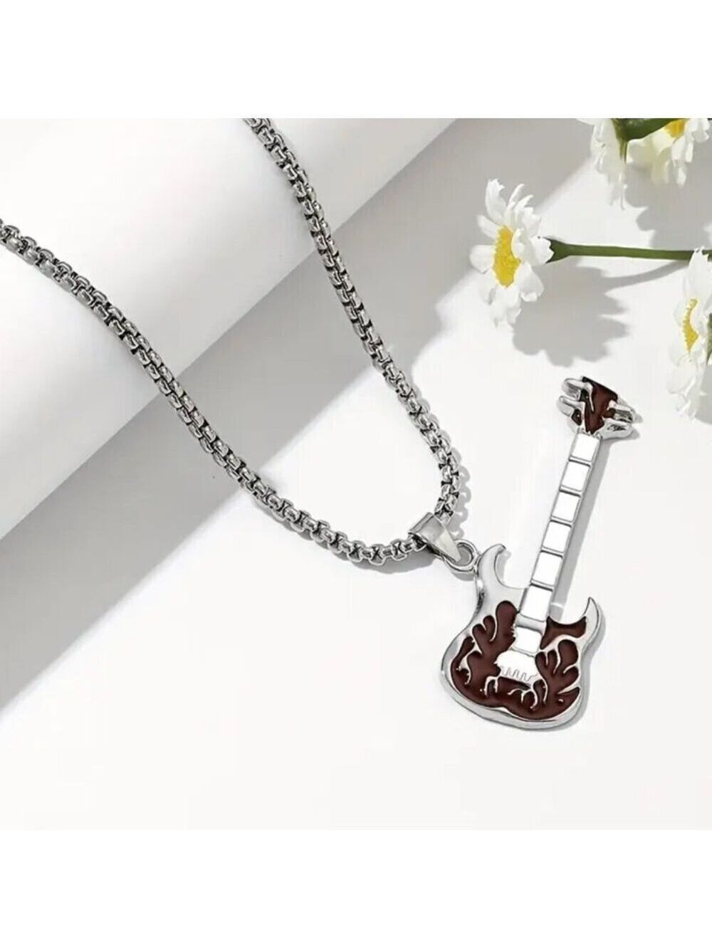Coffee Brown Flaming Guitar with White Neck Rocker Necklace and Pendant 1559